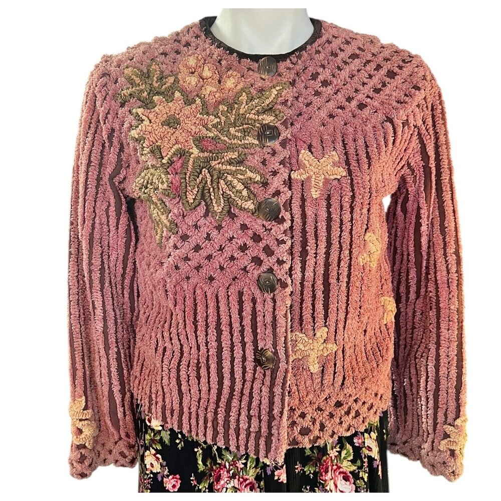 Chenille Cardigan With Loop Details on flowers Leaves Handmade Pink Rose
